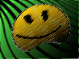 digital illustration of a smiley face stretched over a dark circular void